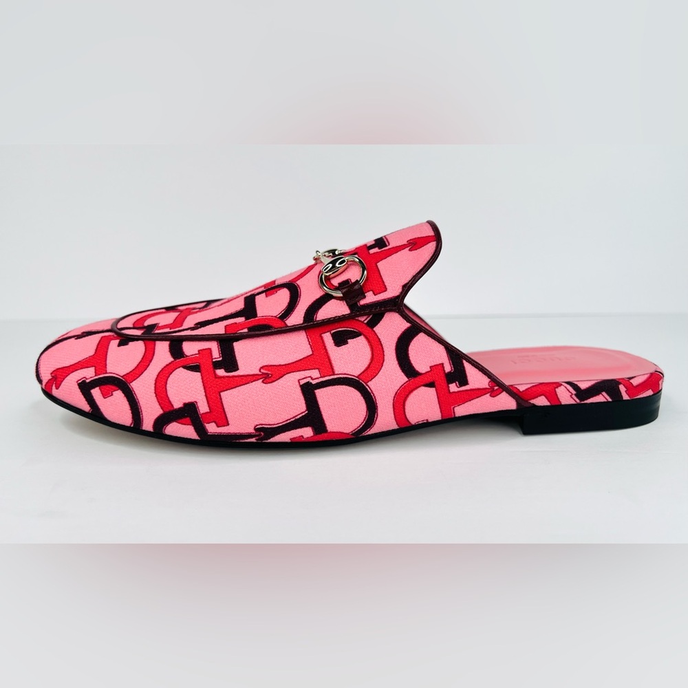 Gucci Princetown Horsebit Logo Print Pink Fabric Flat Loafer Mules Size EU 38.5 - Picture 11 of 12